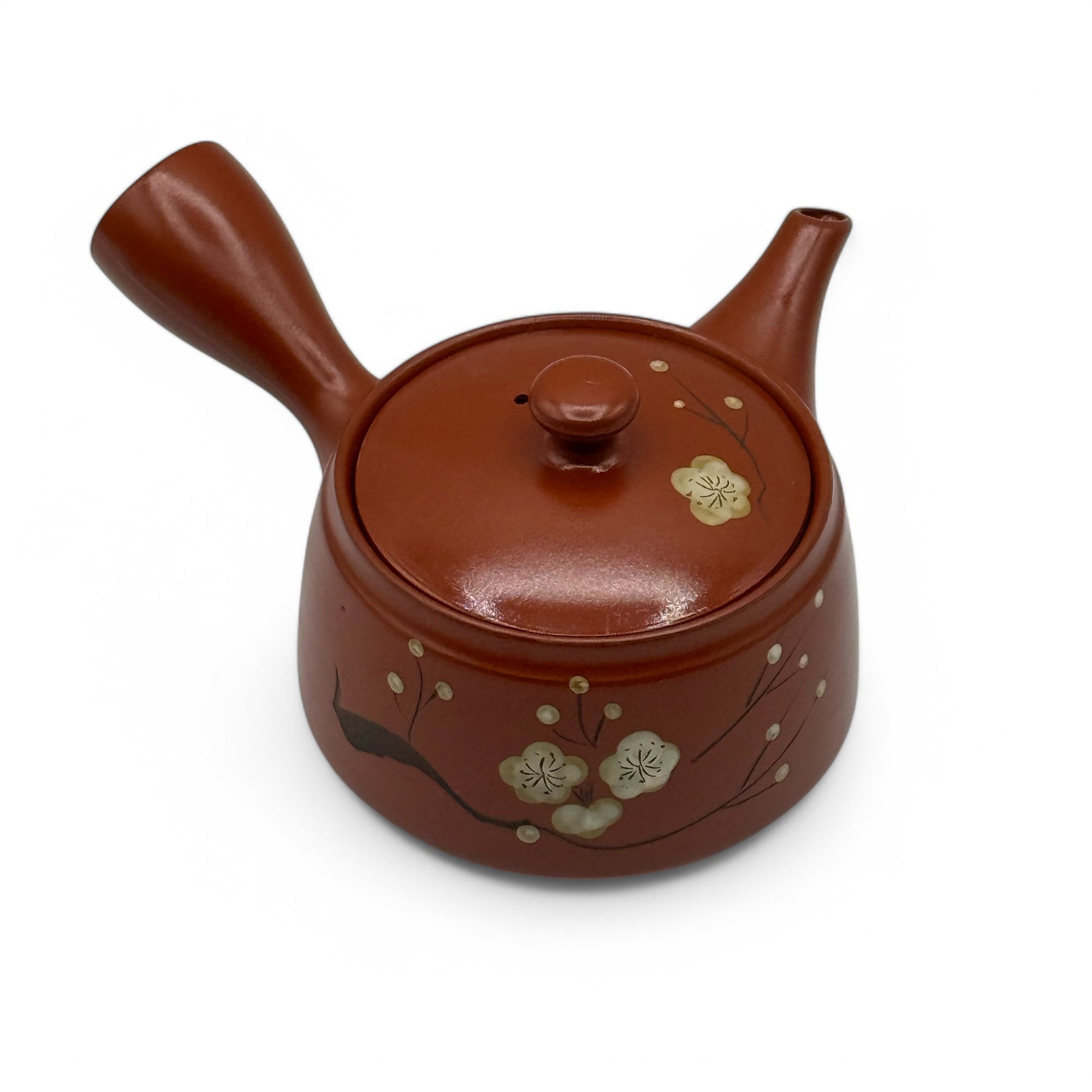 Inoue Tea Fusensaku Hakubai White Blossom Red Tokoname-yaki Kyusu - Japanese teapot with floral design, red finish.