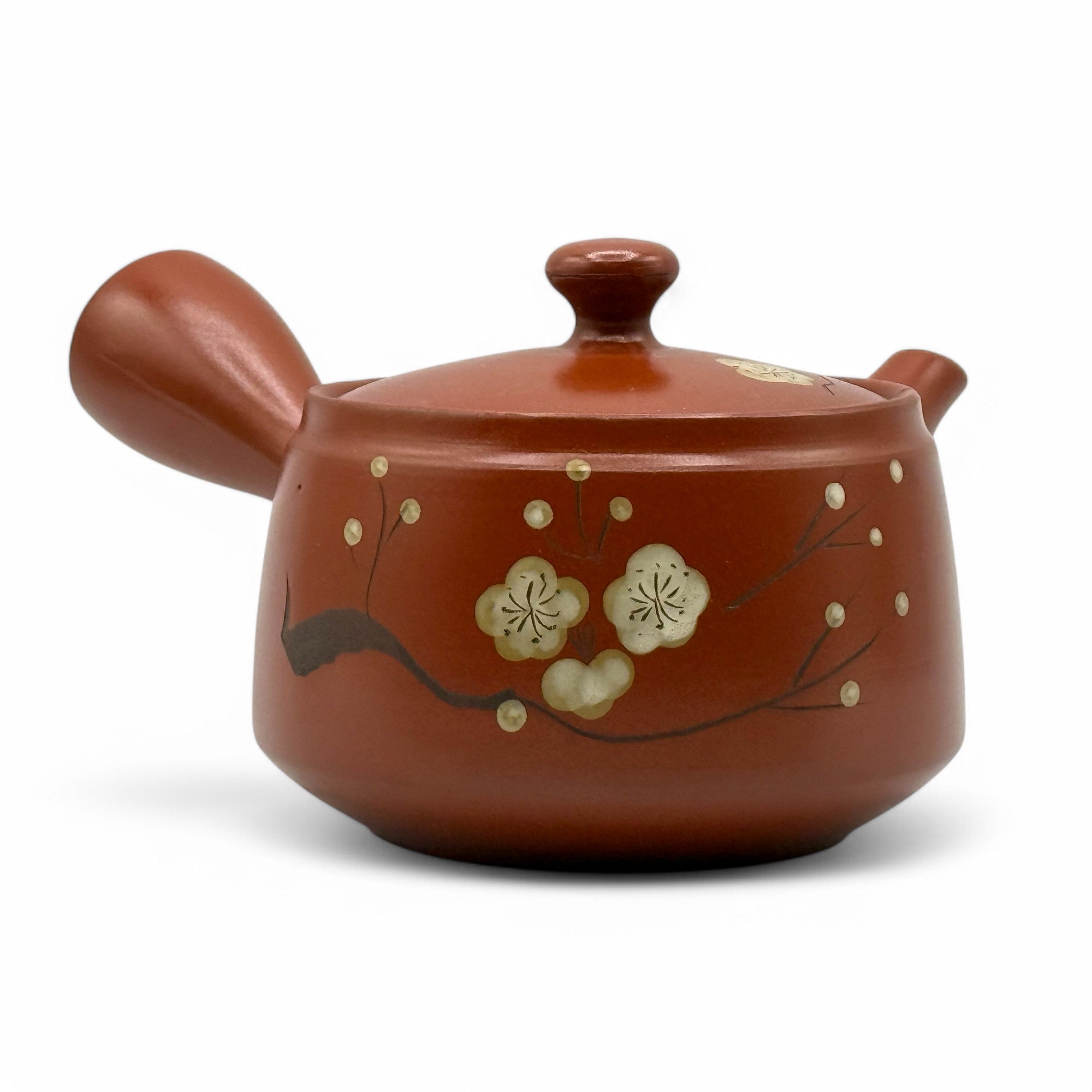 Inoue Tea Fusensaku Hakubai White Blossom Red Tokoname-yaki Kyusu - Japanese teapot with floral motifs, 17oz capacity.