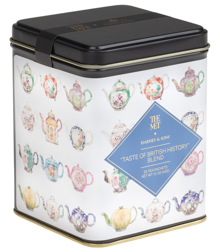 Harney & Sons Taste of British History Blend, Tin of 20 Sachets, featuring black and green tea with bergamot oil for brewing.