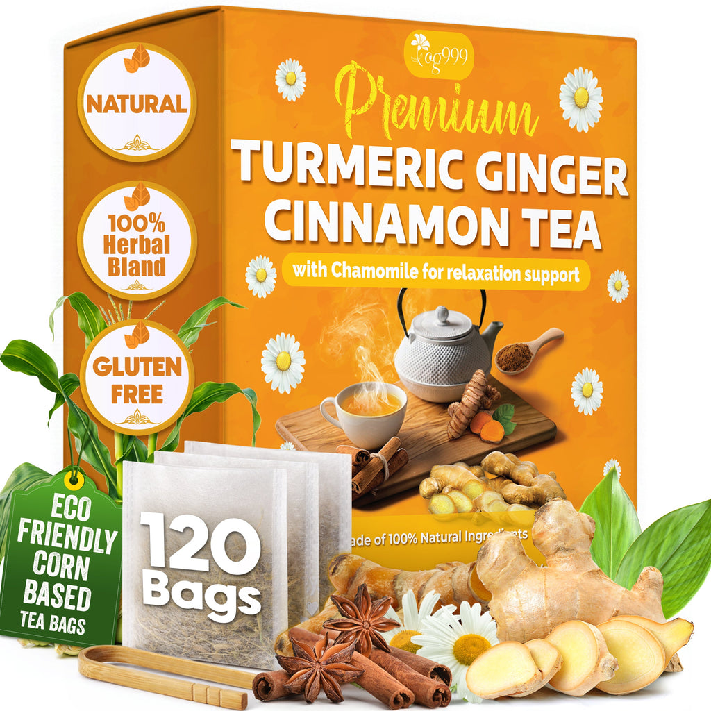 Premium Turmeric, Ginger, Cinnamon & Chamomile Flowers Tea | Improve Digestion, Support Brain, Weight, Skin and Sleep, Eco-Conscious Tea Bags Herbal Tea