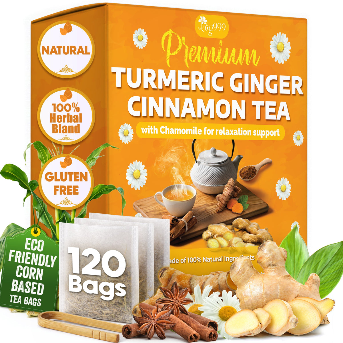 Premium Turmeric, Ginger, Cinnamon & Chamomile Flowers Tea | Improve Digestion, Support Brain, Weight, Skin and Sleep, Eco-Conscious Tea Bags Herbal Tea