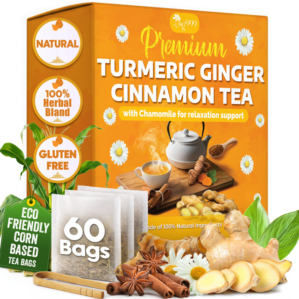 Premium Turmeric, Ginger, Cinnamon & Chamomile Flowers Tea | Improve Digestion, Support Brain, Weight, Skin and Sleep, Eco-Conscious Tea Bags Herbal Tea