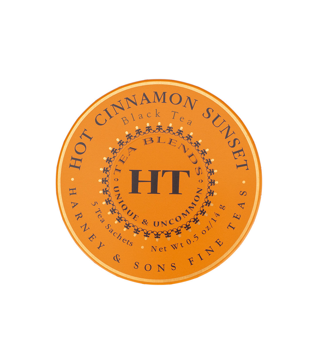 Harney & Sons Hot Cinnamon Spice tea package featuring a vibrant sunset design on the front