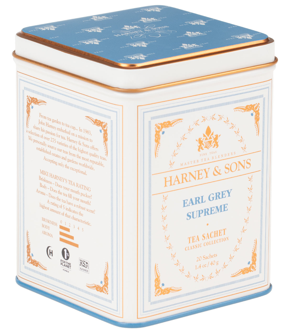 Harney & Sons Earl Grey Supreme, Classic Tin of 20 Sachets featuring a classic tin design with tea sachets inside.