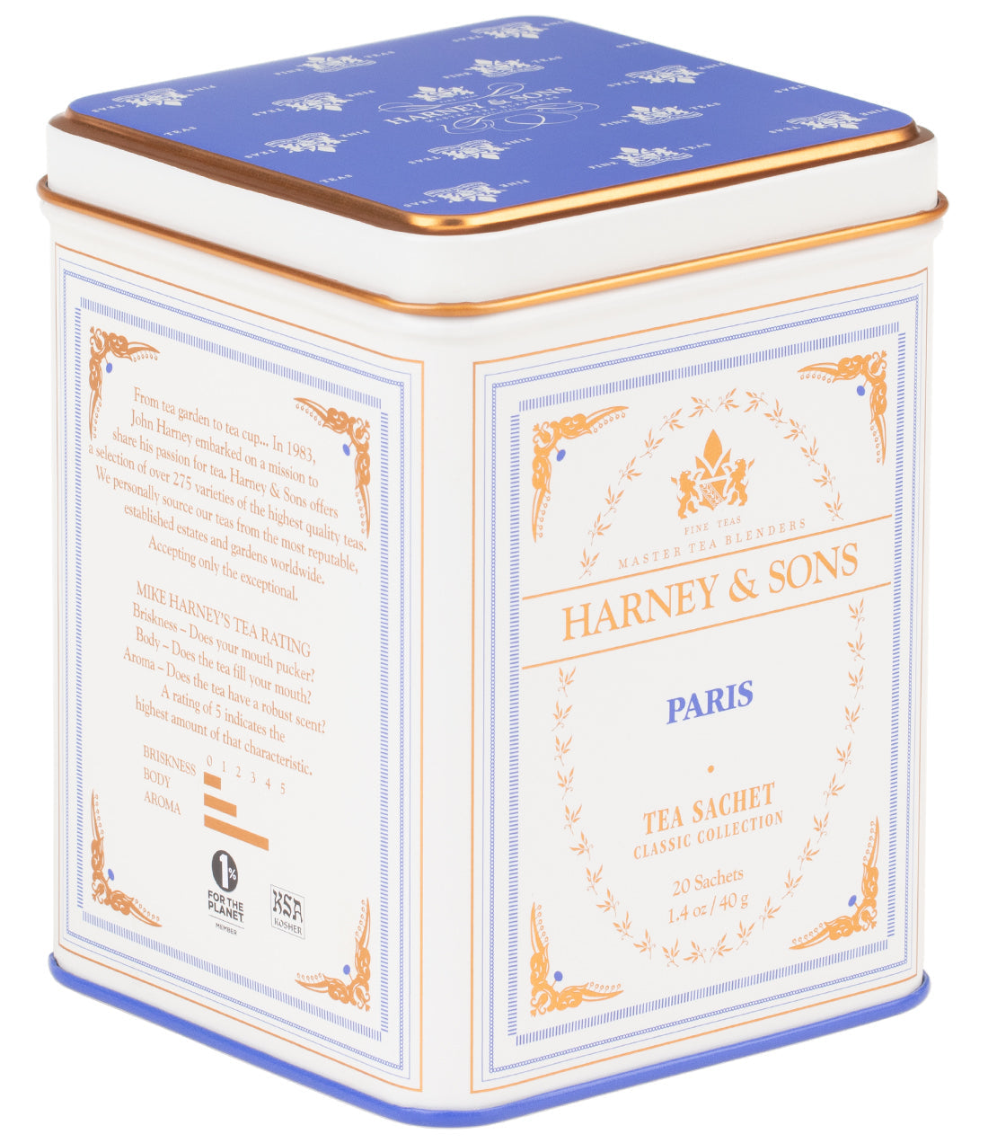 Harney & Sons Paris, Classic Tin of 20 Sachets, featuring a decorative tin with an elegant Parisian design.