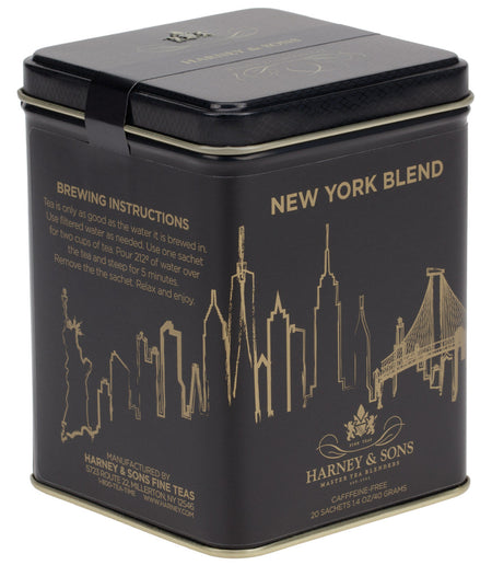 Harney & Sons New York Blend, Tin of 20 Sachets, features a tin containing premium herbal tea sachets for calming infusion.