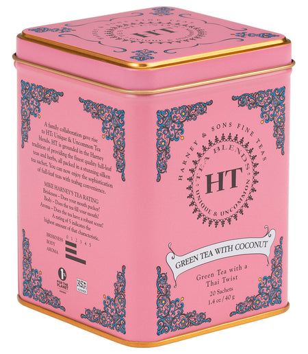 Harney & Sons Green Tea with Coconut, HT Tin of 20 Tea Sachets, featuring a blend of green tea, lemongrass, and coconut.