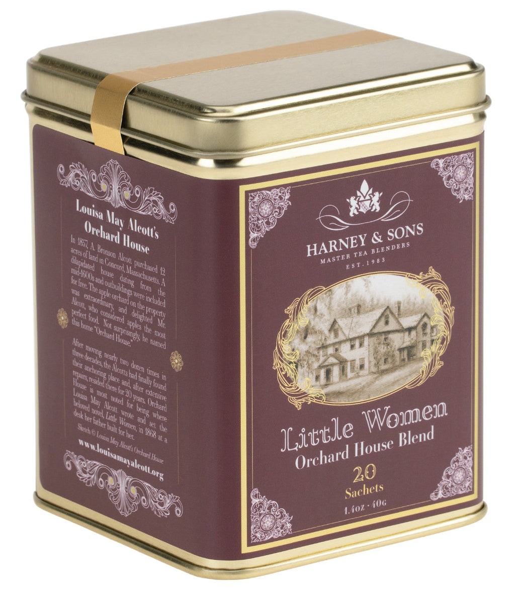 Harney & Sons Little Women Orchard House Blend, Tin of 20 Sachets, features a decorative tin filled with tea sachets.