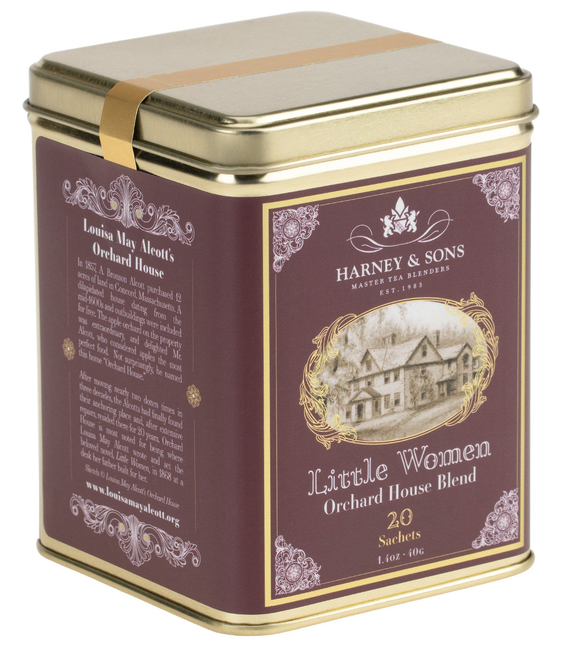 Harney & Sons Little Women Orchard House Blend, Tin of 20 Sachets, features a decorative tin filled with tea sachets.