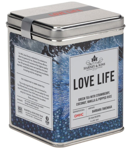 Harney & Sons Love Life, Tin of 20 Sachets, features a colorful tin containing tea sachets with a blend of green tea and fruit flavors.