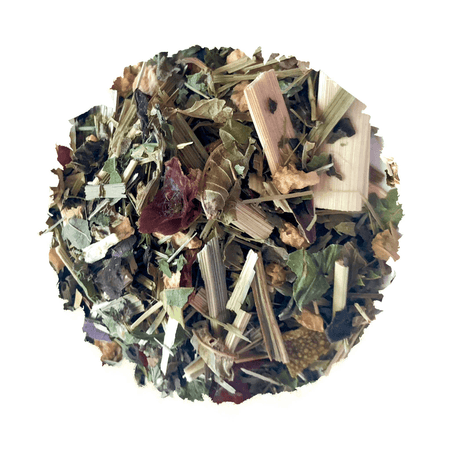 Beach House Toes In The Sand Iced Blend, a 100% organic loose leaf herbal iced tea, displayed in a clear glass with ice.