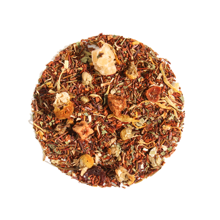 Plum Deluxe Tranquil Peach Herbal Tea (Pineapple - Peach - Chamomile) in a circular container with ingredients listed.