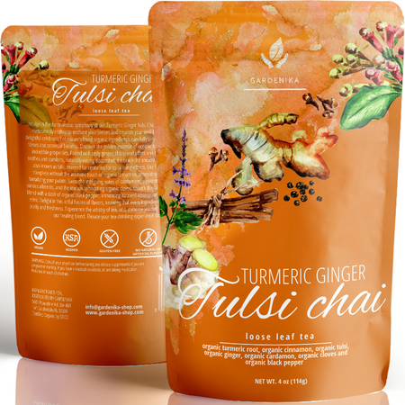 Gardenika Turmeric Ginger Tulsi Chai Loose Tea, 4 oz, shown in a package with herbs and spices, USDA Organic, caffeine-free blend.