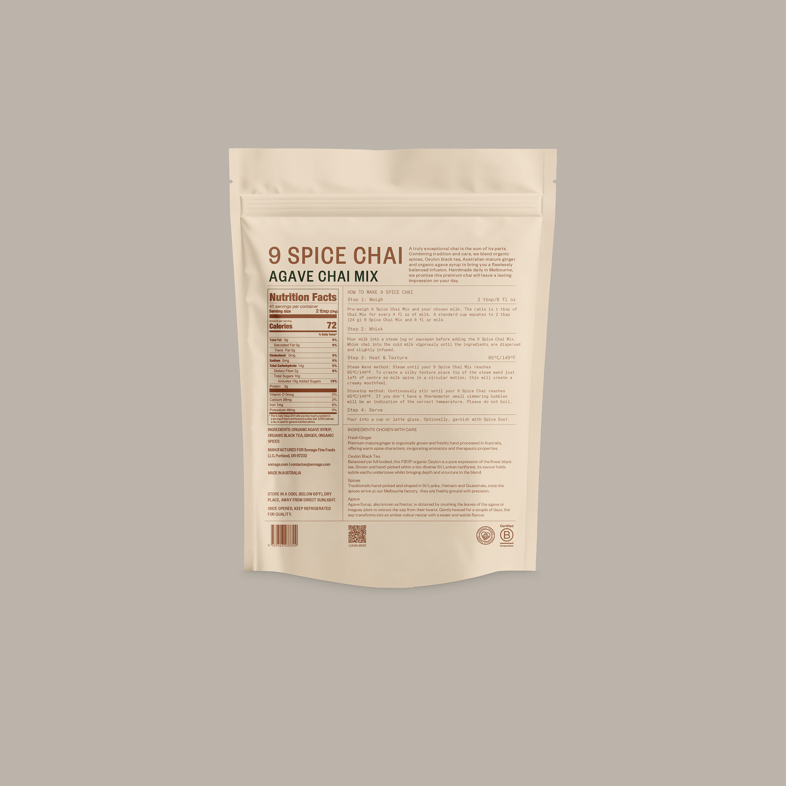 9 Spice Agave Fresh Chai by Somage USA, back packaging view showing ingredients and preparation instructions.