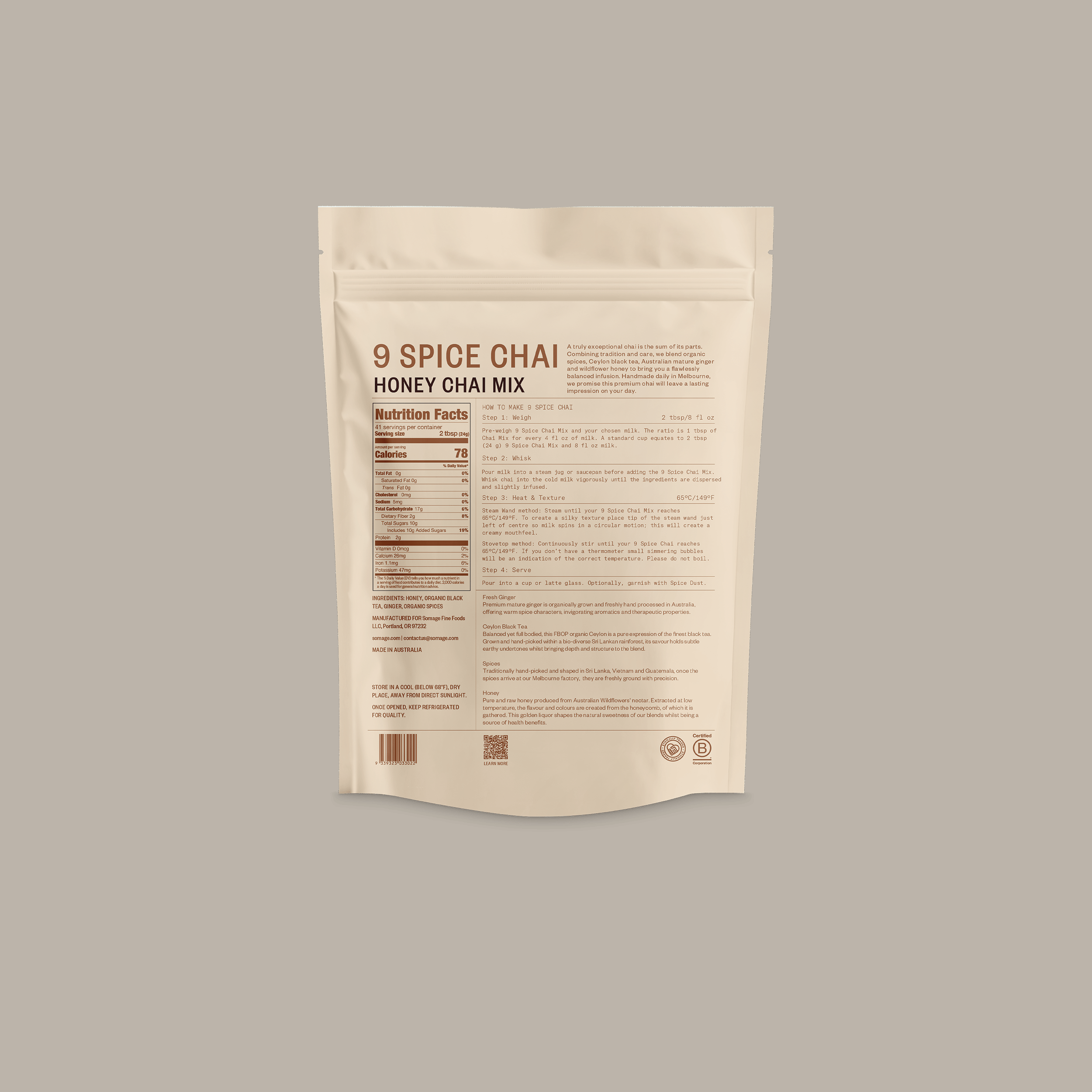 9 Spice Honey Fresh Chai by Somage USA, packaging back view showing ingredients and nutritional information.