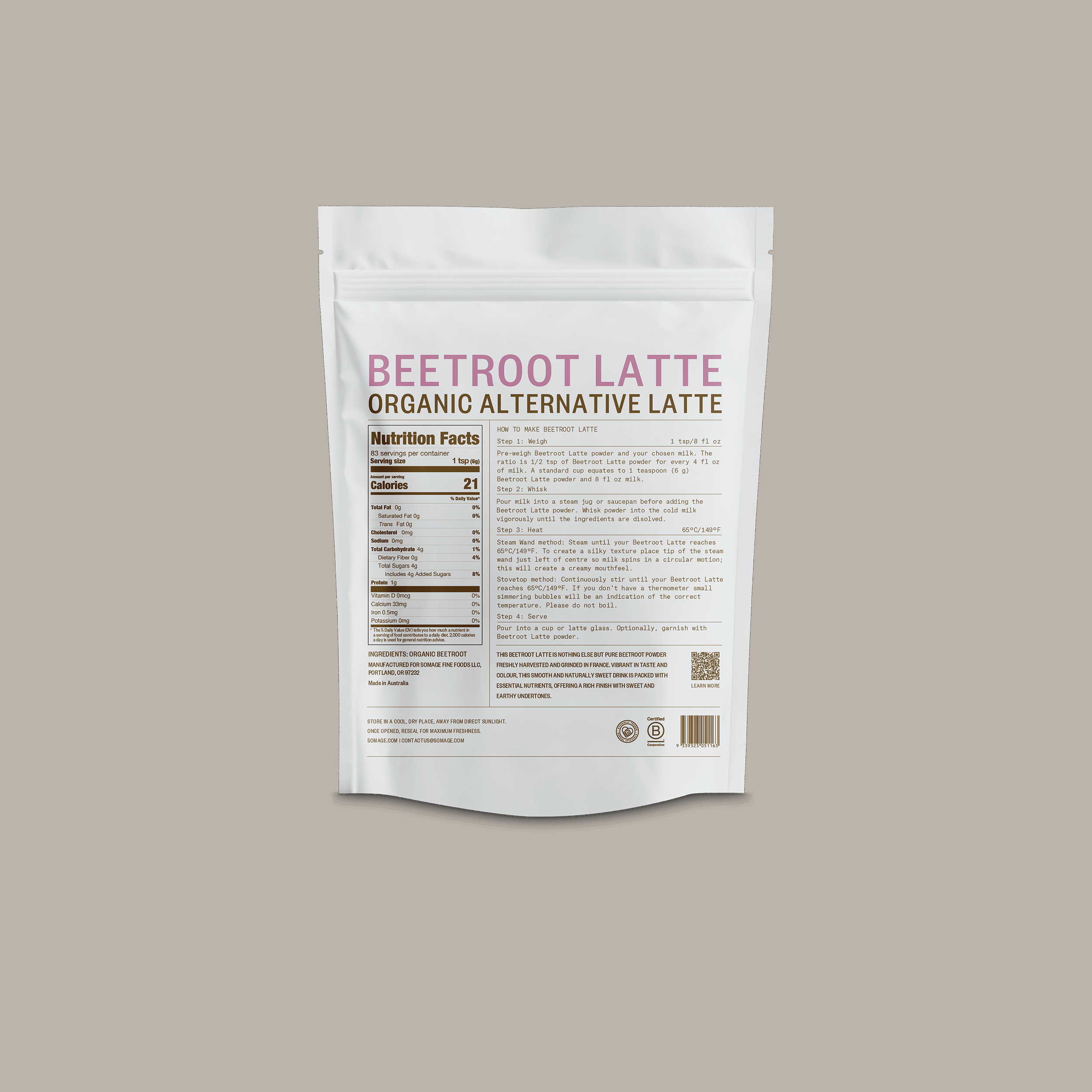 Beetroot Latte by Somage USA in a cup, displayed against a plain background, showcasing its rich color and texture.