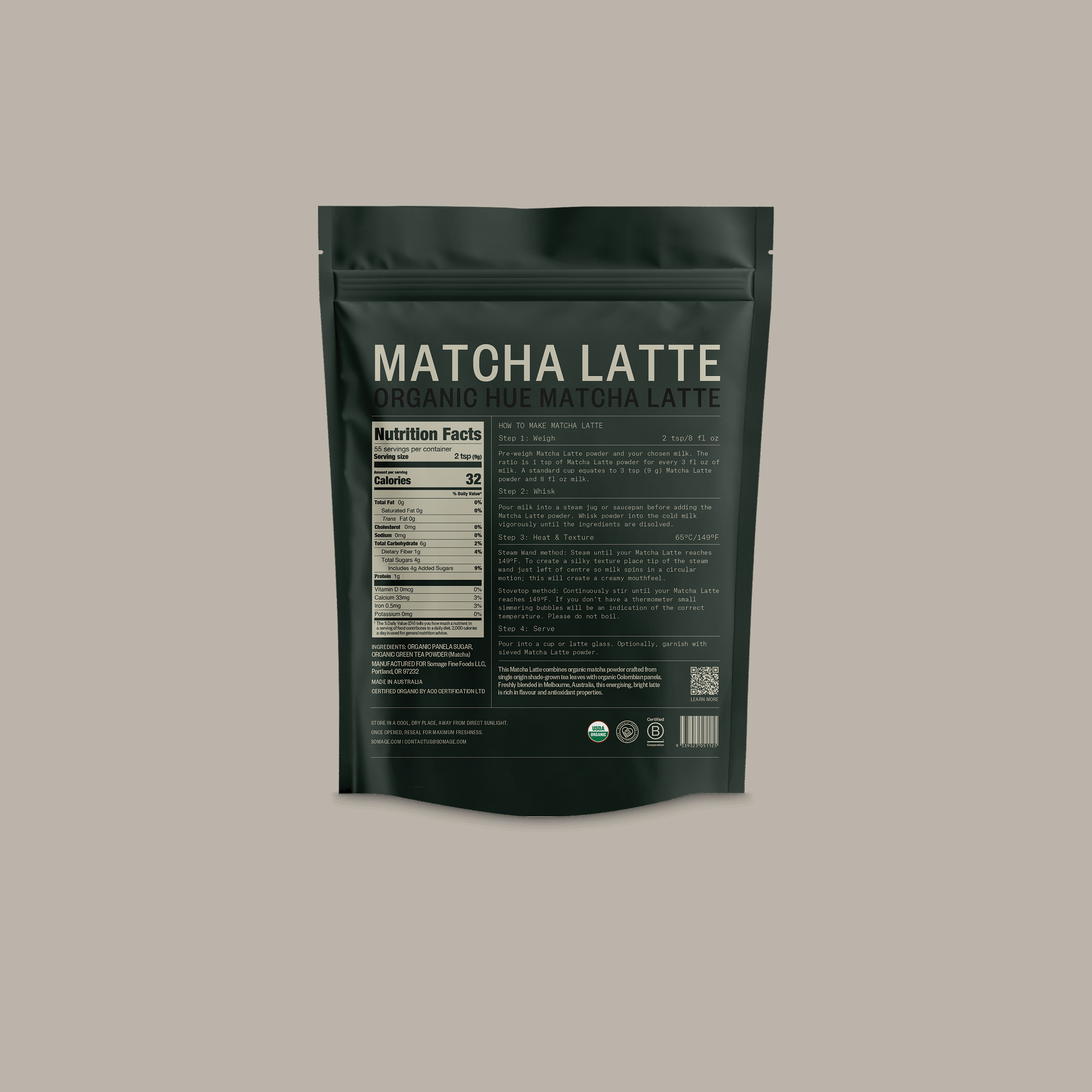 Matcha Hue Latte by Somage USA, shown in a packaging design, featuring green hues and a latte cup illustration.