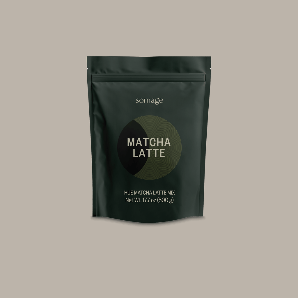 Matcha Hue Latte by Somage USA, featuring a bright green drink made with organic matcha powder and Colombian panela.