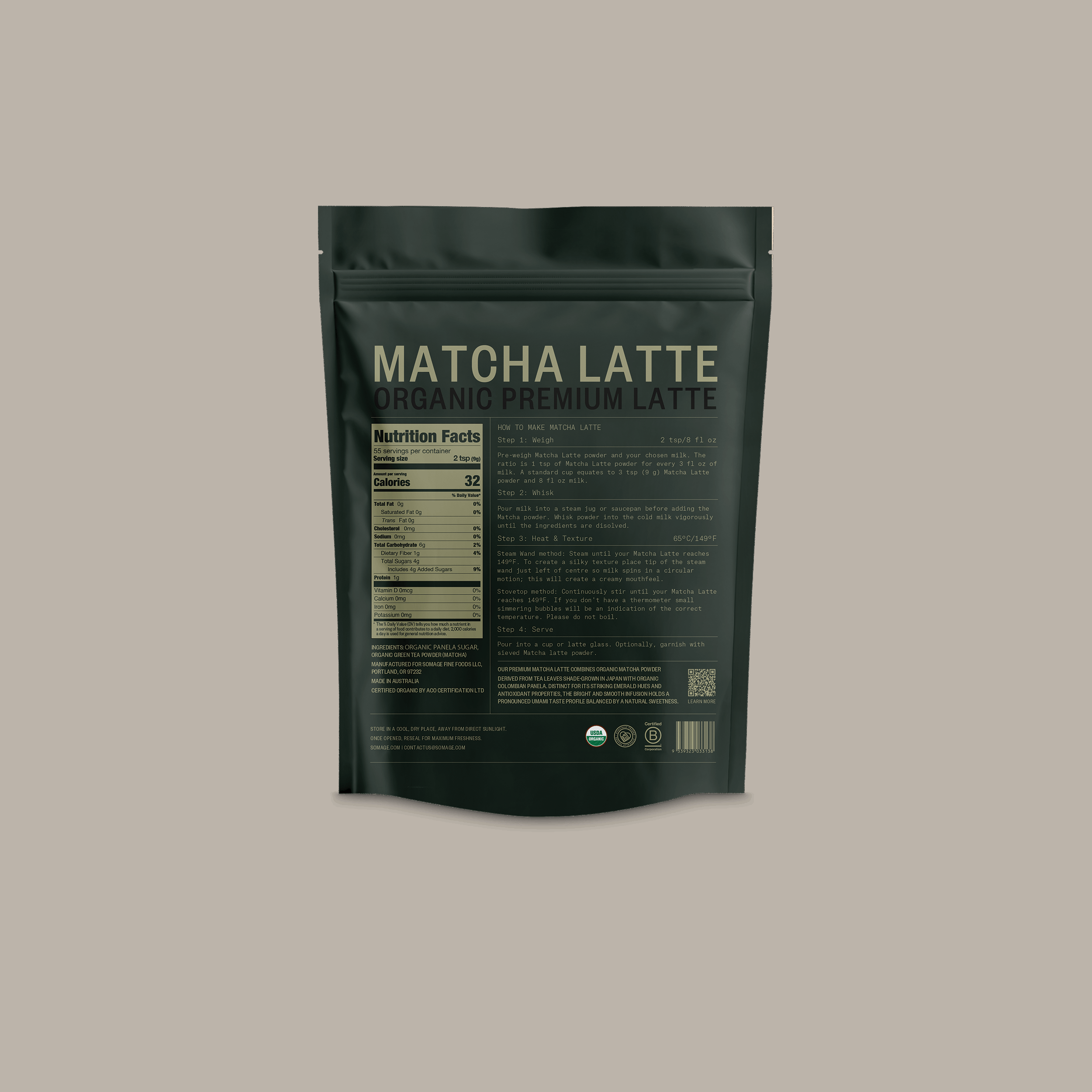Matcha Premium Green Tea Latte by Somage USA, featuring packaging design and product details on the back.