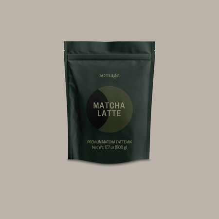 Premium Matcha Green Tea Latte by Somage USA in packaging, showcasing bright emerald color and organic ingredients.