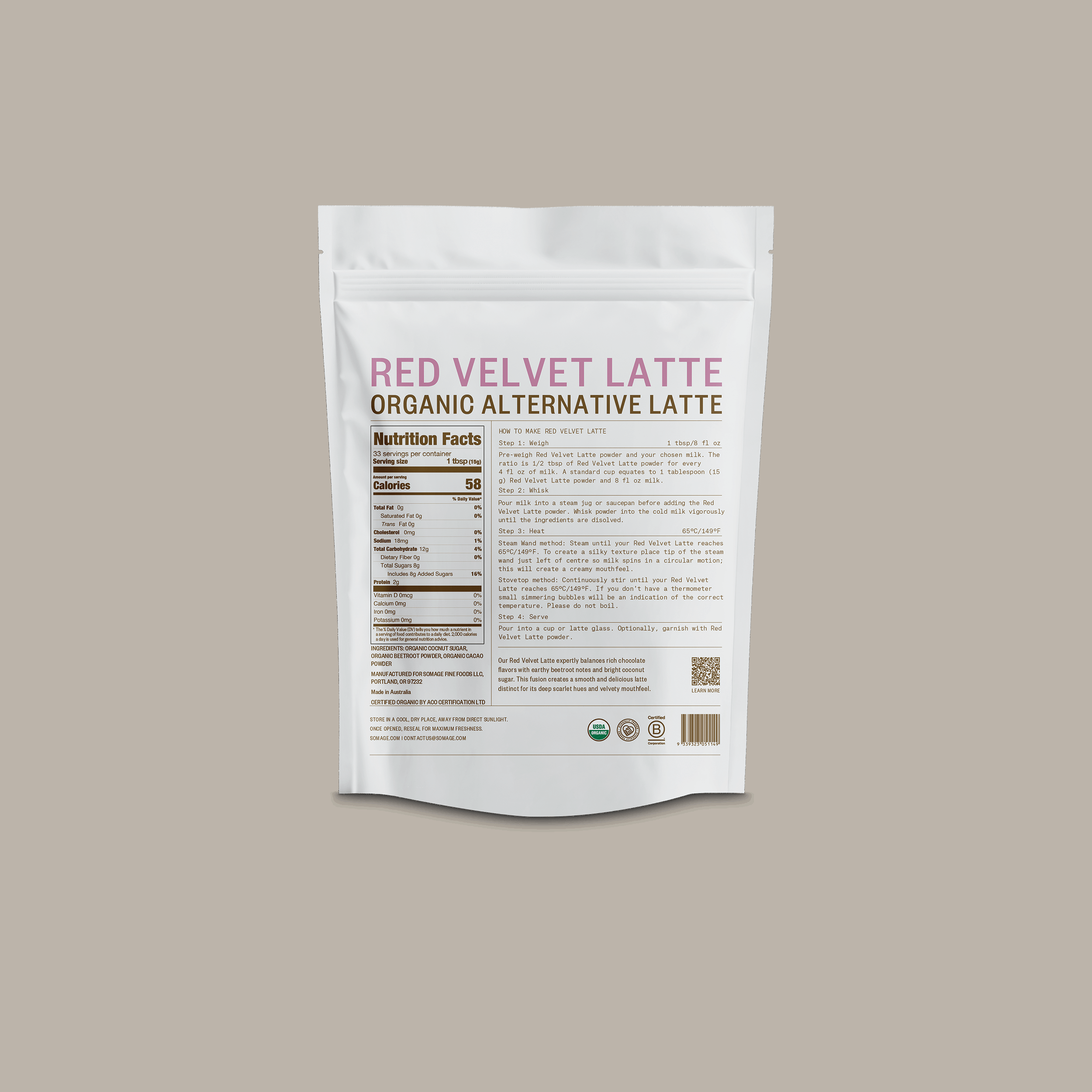 Red Velvet Latte by Somage USA in a cup, featuring a rich red color and creamy texture, with a backdrop of soft focus.