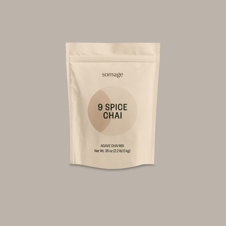 9 Spice Agave Fresh Chai by Somage USA, featuring a blend of spices, Ceylon black tea, and ginger in a packaged format.