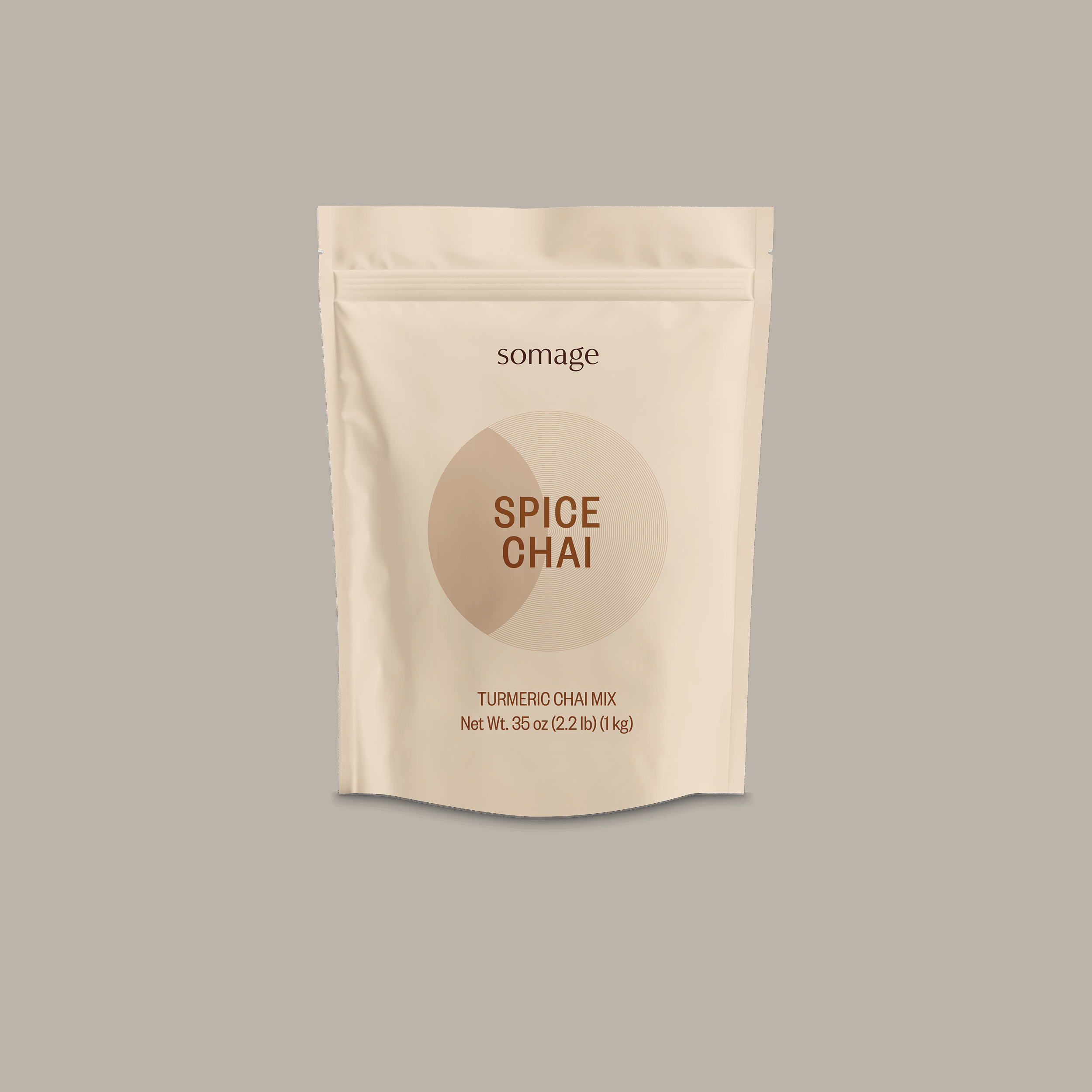 Turmeric Fresh Chai by Somage USA, featuring a blend of spices, Rooibos, ginger, and turmeric in a packaged product image.