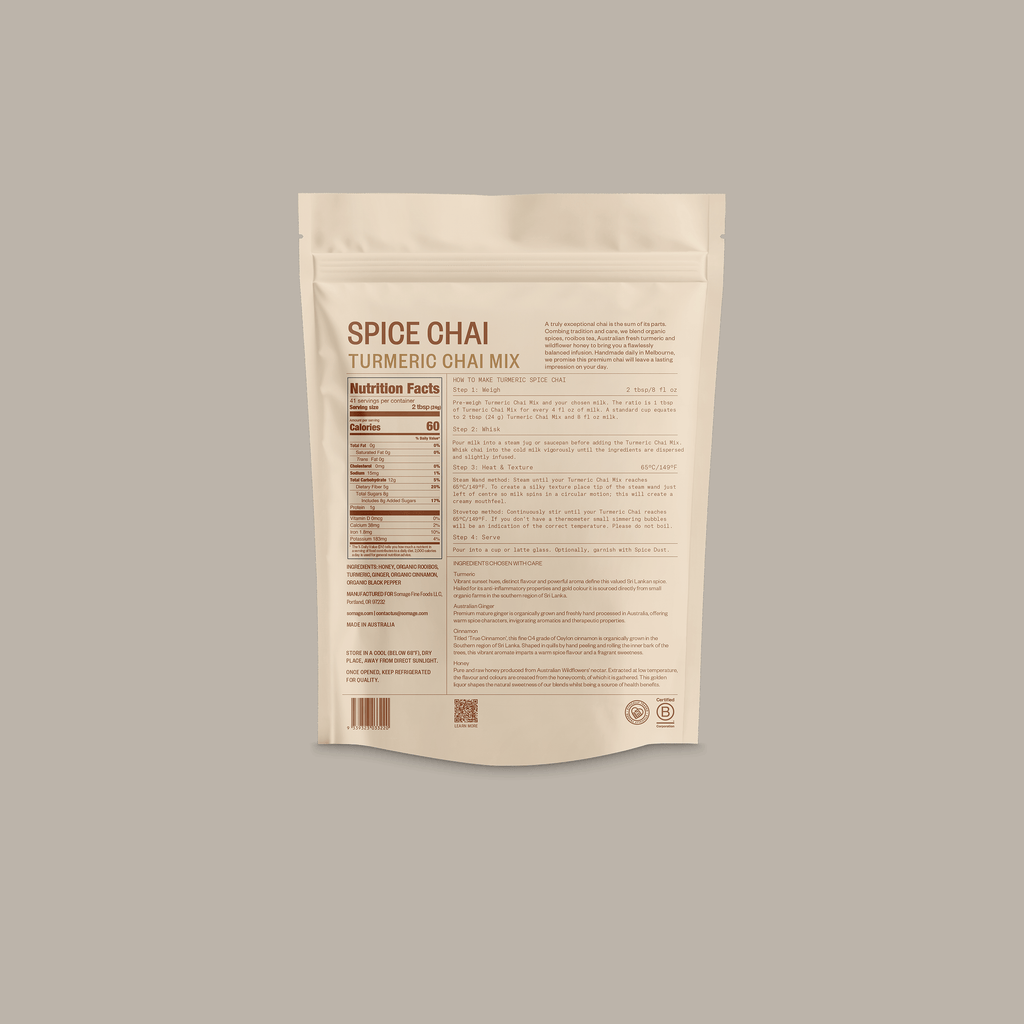 Turmeric Fresh Chai by Somage USA, showing the back of the packaging with ingredient details