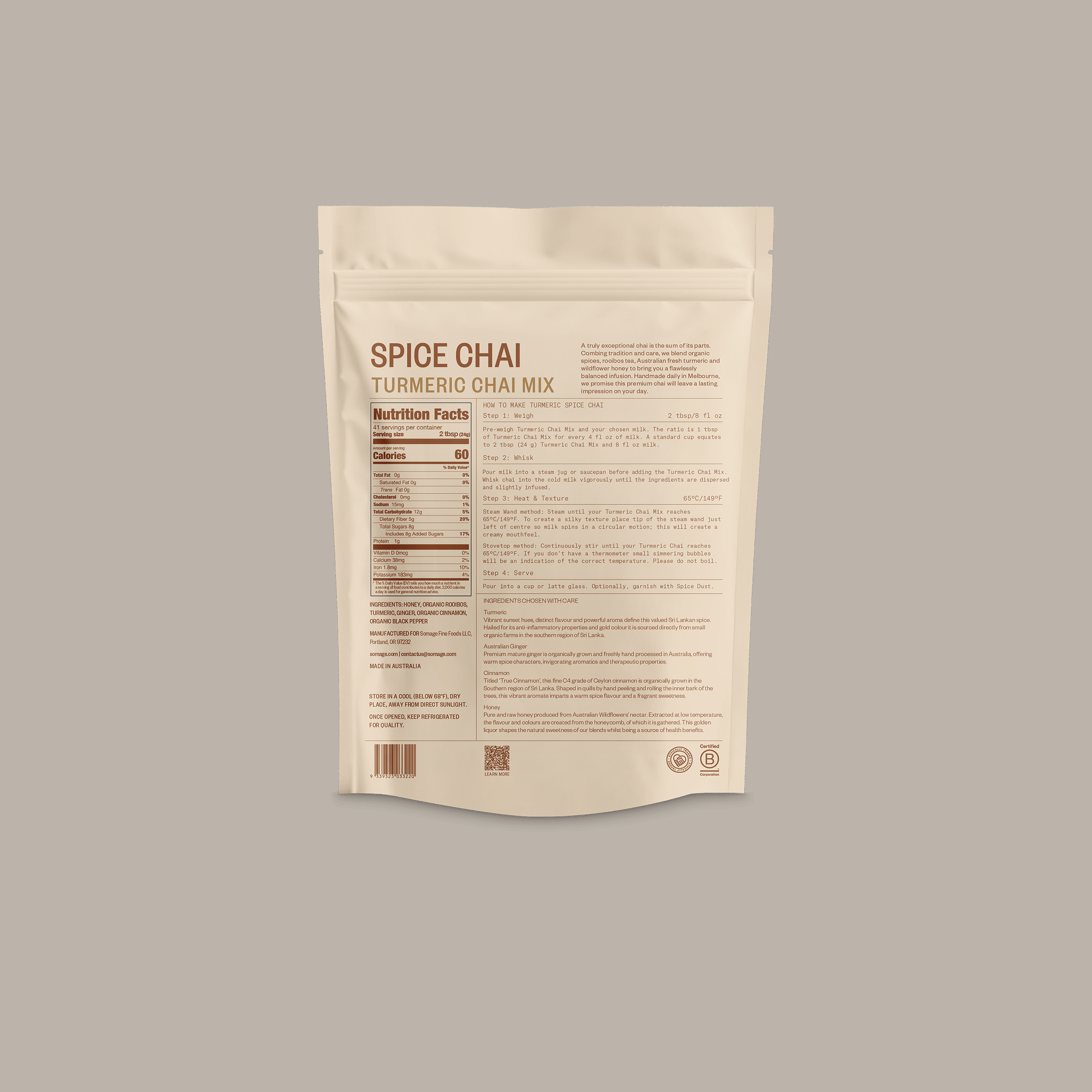 Turmeric Fresh Chai by Somage USA, showing the back of the packaging with ingredient details