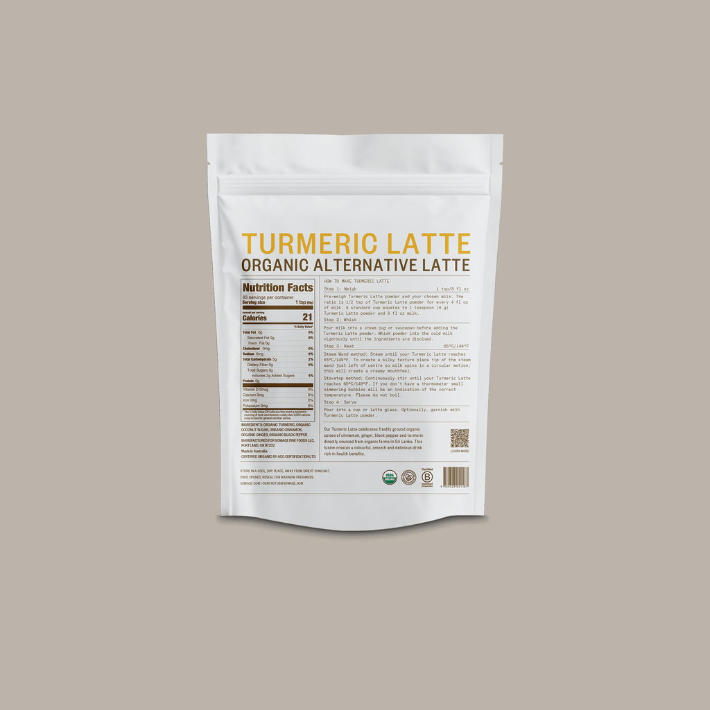 Turmeric Latte by Somage USA, showing the product packaging with a yellow background and detailed ingredient list.