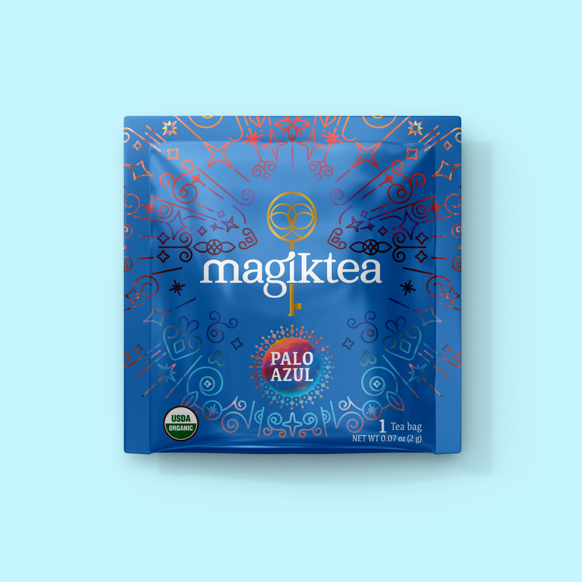 magiktea Palo Azul tea bag packaging on a light blue background
