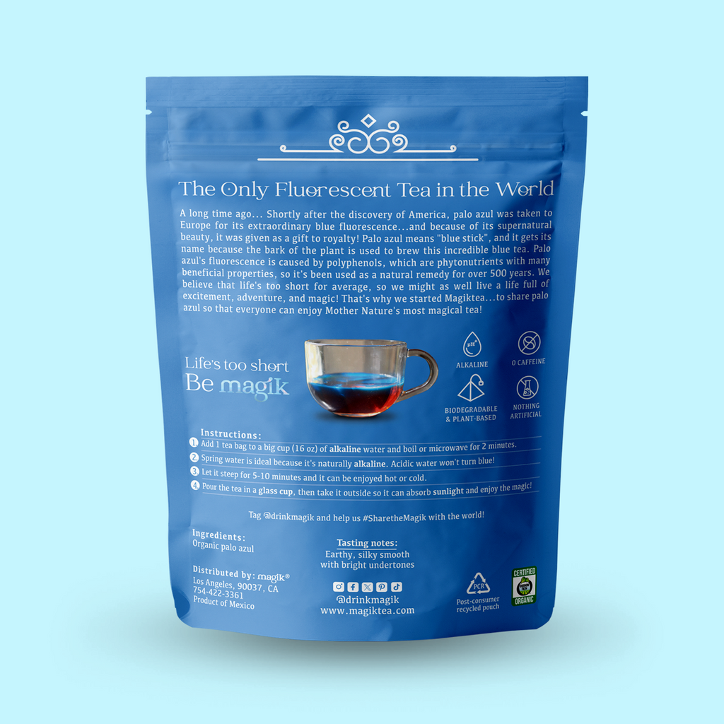 Blue package of 'The Only Fluorescent Tea in the World' with text and graphics on a light blue background