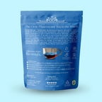Blue package of 'The Only Fluorescent Tea in the World' with text and graphics on a light blue background