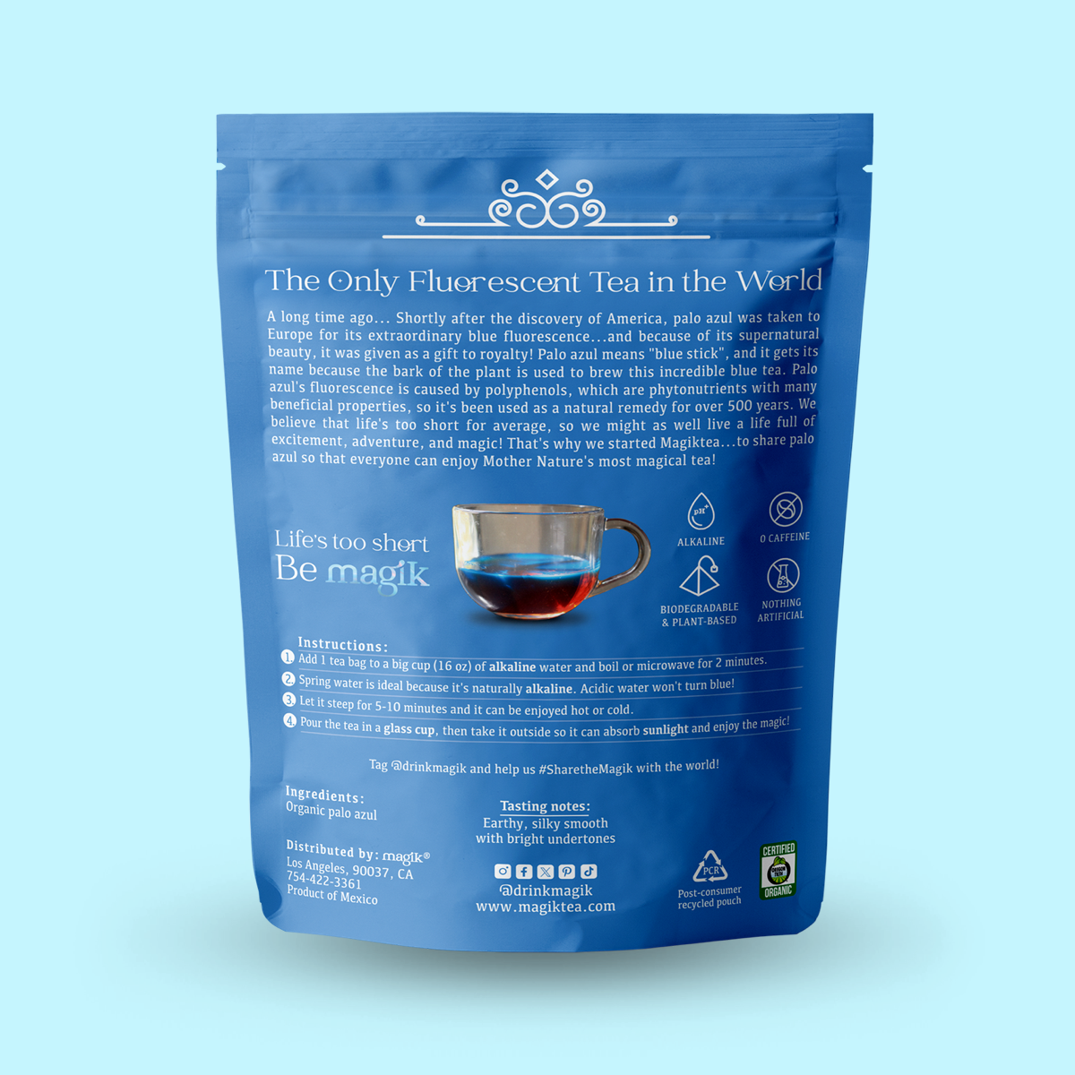 Blue package of 'The Only Fluorescent Tea in the World' with text and graphics on a light blue background