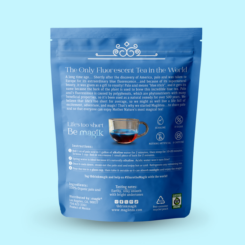 Blue package of 'Fluorescent Tea' with text and graphics on a light blue background
