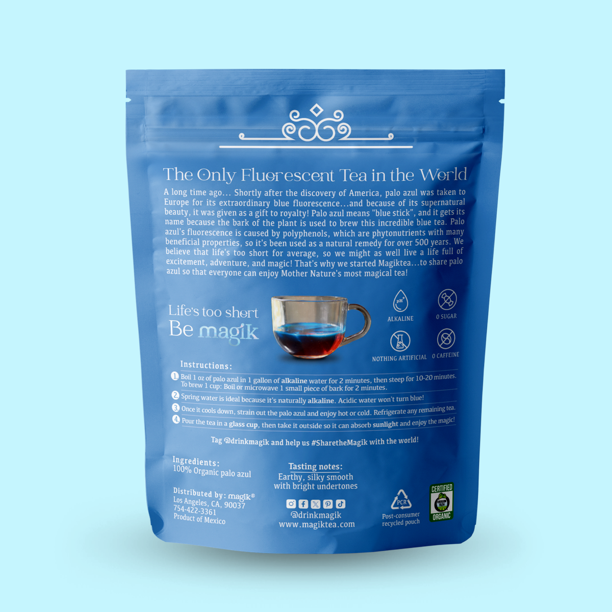 Blue package of 'Fluorescent Tea' with text and graphics on a light blue background