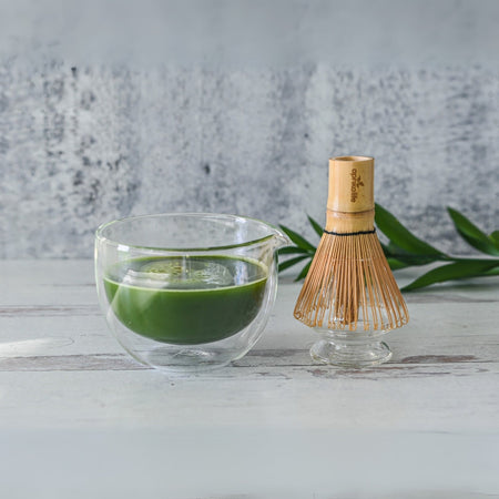 Aprika Life Double Sided Glass Matcha Bowl with Spout, bamboo whisk, whisk holder set, showcasing double-layered design in image.