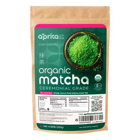 Organic Japanese Ceremonial Grade Matcha Green Tea Powder (WHOLESALE) by Aprika Life, shown in a packaging design.