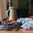 Piper and Leaf Chocola-Tea Bulk Sachets- 70ct Tea Bags, featuring a bag with dark chocolate and fig-flavored tea sachets.