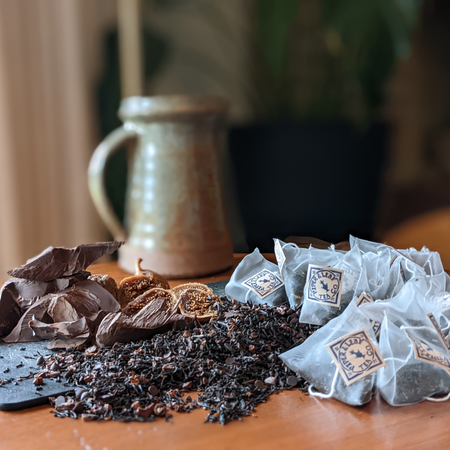 Piper and Leaf Chocola-Tea Bulk Sachets- 70ct Tea Bags, featuring a bag with dark chocolate and fig-flavored tea sachets.
