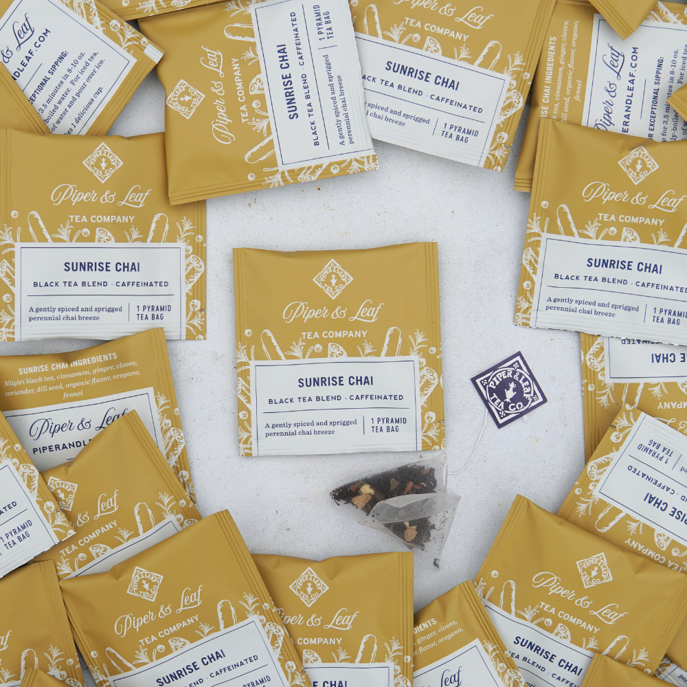 Piper and Leaf Sunrise Chai Case of Individually Wrapped Tea Bags- 50ct, showcasing 50 tea sachets in a package.