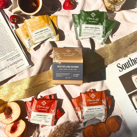 Piper and Leaf Bestselling Blends- Box of 12 Tea Bags featuring Front Porch Special, Lemon Berry Blush, Orchard Peach, Sweetie Pie Chai.