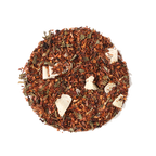 Plum Deluxe White Chocolate Peppermint Herbal Tea in a circular packaging, showcasing ingredients like rooibos and peppermint.