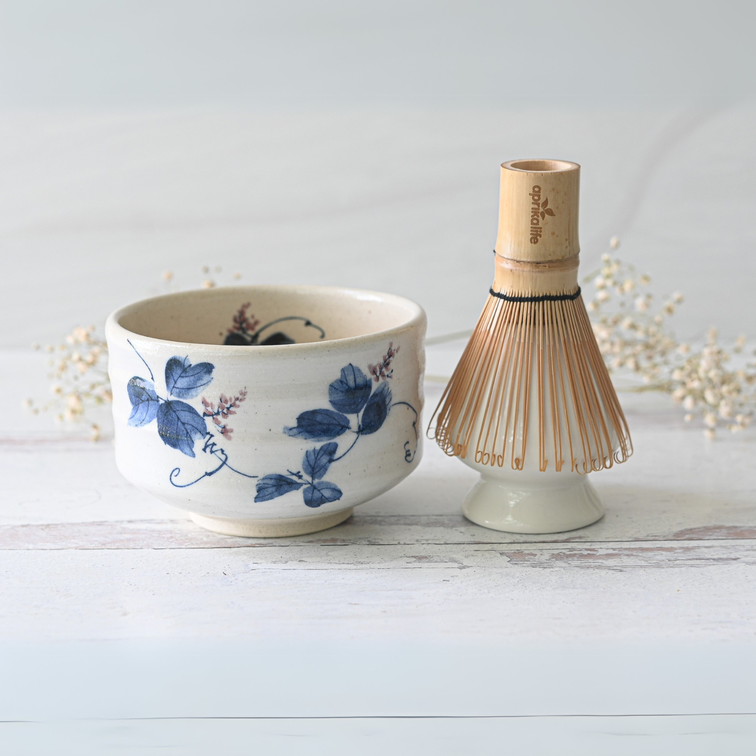 Aprika Life White Clay Kudzu Flowers Matcha Bowl