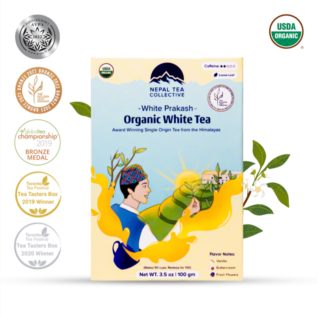 White Prakash by Nepal Tea, a Himalayan white tea with floral notes and a smooth finish, shown in packaged form.