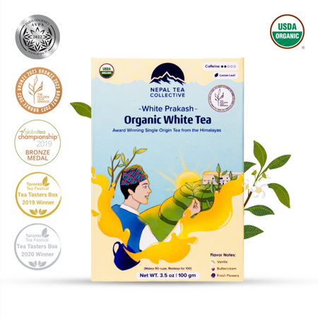 White Prakash by Nepal Tea, a Himalayan white tea with floral notes and a smooth finish, shown in packaged form.