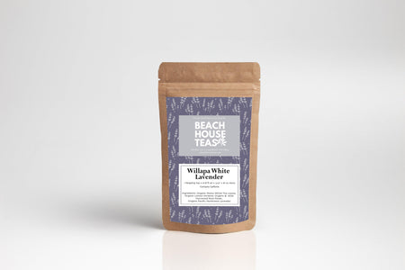 Beach House Willapa White Lavender product label on pouch, featuring lavender design and brand name, Beach House.