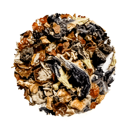 Beach House Wonderland Magic Tea loose-leaf blend with vibrant blue color, featuring organic ingredients like rose hips and hibiscus.