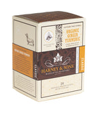 Harney & Sons Organic Ginger Turmeric wrapped sachets in a 20-count box, featuring ginger and turmeric herbal tea.