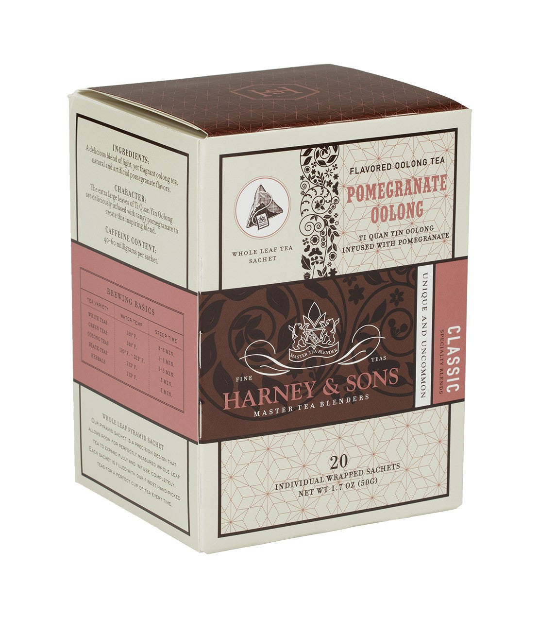 Harney & Sons Pomegranate Oolong wrapped tea sachets displayed in packaging on a white background